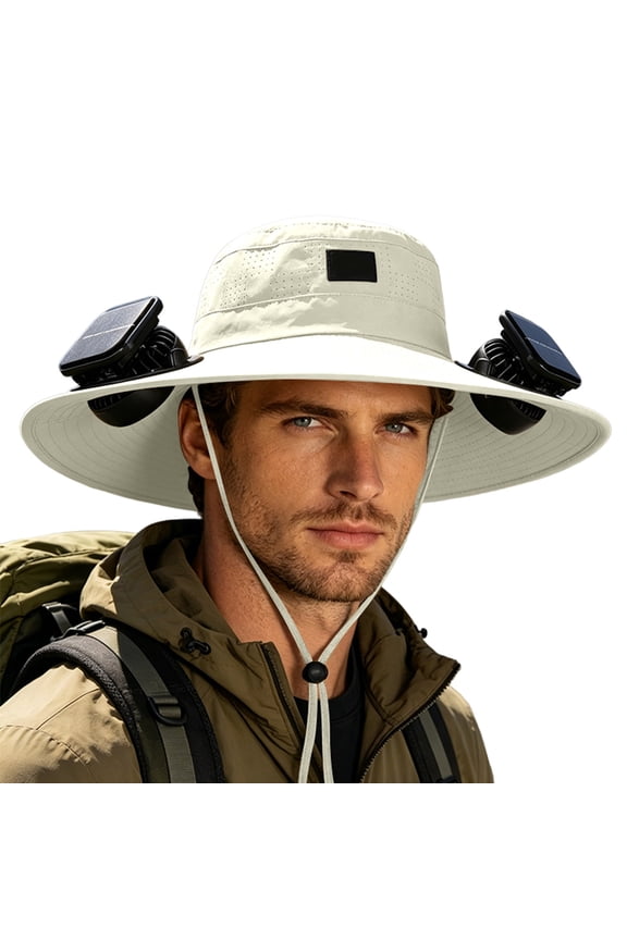 Solar Fan Hat, UPF 50+ Wide Brim Sun Hat with 2 Fans, Solar & USB Rechargeable, 3 Speeds for Fishing/Camping/Hiking/Gardening