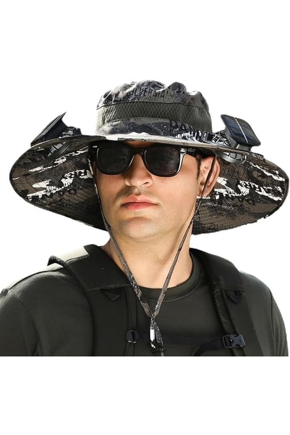 Wide Brim Sun Hat with 2 Solar Fans, Solar & USB Rechargeable, Men and Women Sun Fan Hat with 7 Blades and 3 Speeds for Hiking, Camping and Fishing