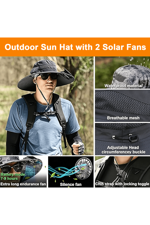 Wide Brim Sun Hat with 2 Solar Fans, Solar & USB Rechargeable, Men and Women Sun Fan Hat with 7 Blades and 3 Speeds for Hiking, Camping and Fishing