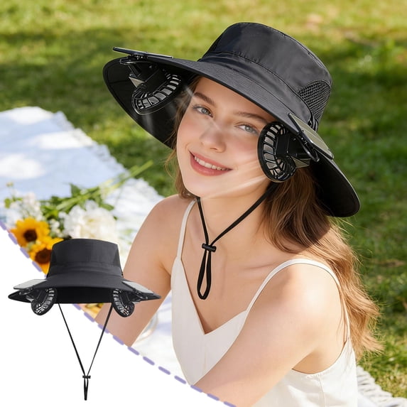Solar Fan Hat Wide Brim Sun Hat With Fan UV Protection Breathable Mesh Neck Cover Dual Power Cooling Design, Adjustable Fit Comfortable Wear, for Hiking Fishing Gardening Outdoor Work