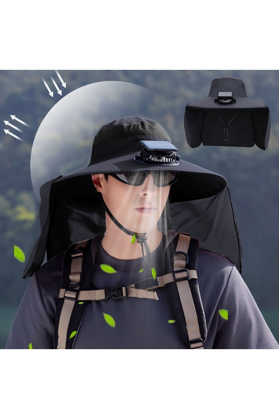 Solar Fan Hat - Wide Brim Sun Hats, with Removable Neck Flap, Anti UV, Waterproof Breathable Outdoor Hiking Fishing Hat for Men Women, Black