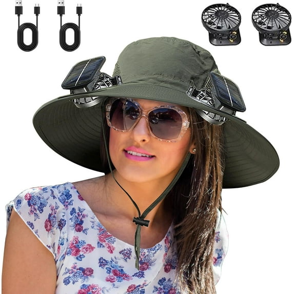 Solar Fan Hat,Wide Brim UPF 50+Sun Hat with Dual USB/Solar Fans&Removable Neck Cover for Fishing,Hiking,Camping