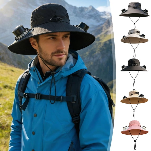 Solar Fan Hat with 2 Rechargeable Fans, Hat with Fans Solar Power, Wide Brim UPF 50+ Bucket Hat for Women Men Outdoor Fishing, Beach Gardening Hiking