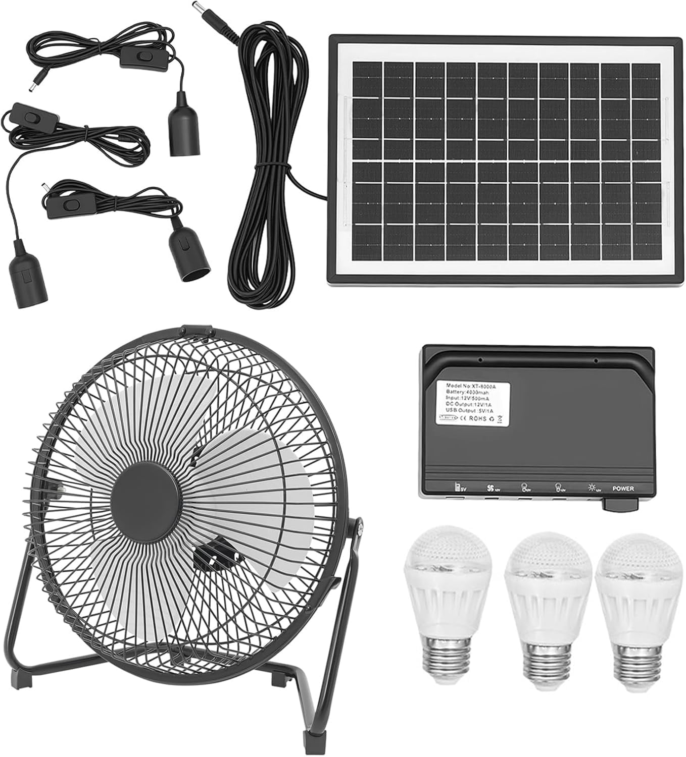 Solar Fan & Lighting System, 10W Solar Panel Power System Kit, Includes 3 Bulbs, Power Case, 3 Cables with Switches & Battery Charger, for Garage Camping Outdoor Energy Storage