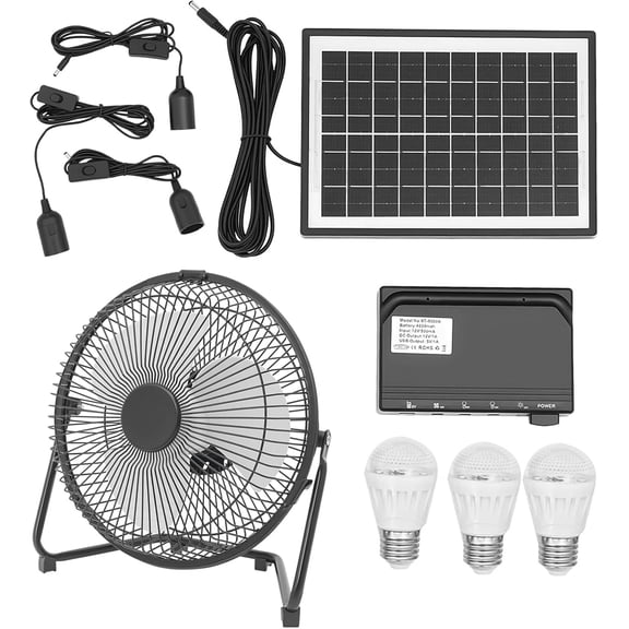 Solar Fan & Lighting System, 10W Solar Panel Power System Kit, Includes 3 Bulbs, Power Case, 3 Cables with Switches & Battery Charger, for Garage Camping Outdoor Energy Storage