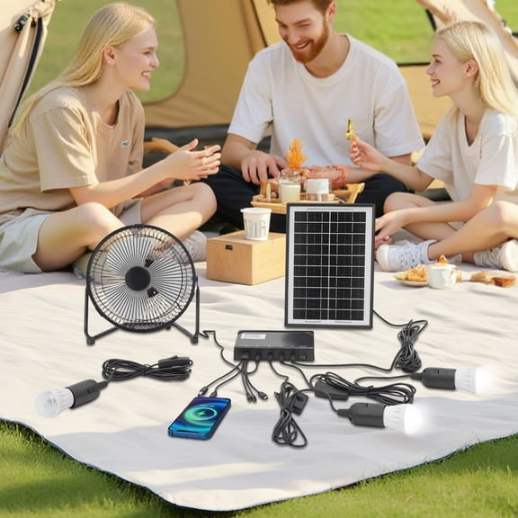 Solar Fan with Lights Kit, 4000mAh Battery Powered Ventilation Fan with 3 Bulbs and USB Charging Portable Solar Generator for Camping, Greenhouse, Chicken Coop, Shed, Emergency Power Outages