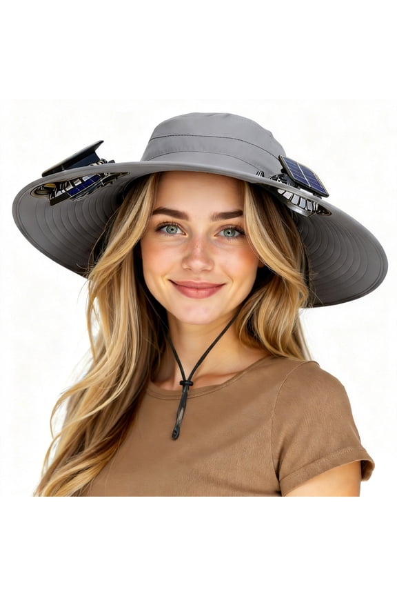 Solar Fan Sun Hat, ASTRAEA Widen Brim Outdoor Fishing Men Hat with 2 Fans, Adjsutable 180°Rotating Cooling UPF 50+, Gray