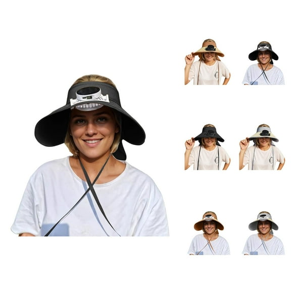 Solar Fan Sun Hat for Women – Straw Wide Brim Foldable Hat with Neck Flap, UV Protection Cooling Cap for Hiking, Fishing, Beach and Outdoor Travel