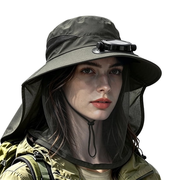 Solar Fan Wide Brim Sun Hat with Full Mesh Face Neck Flap, Solar Powered Ventilated UV Protection Bucket Hat for Fishing Gardening Camping Hiking