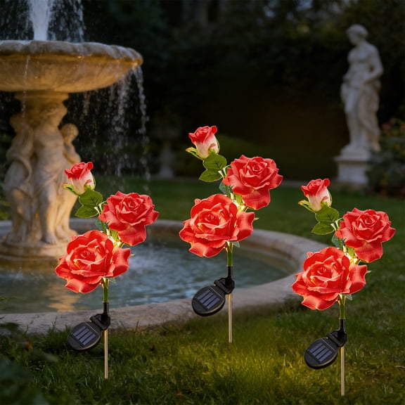 Solar Faux Flower Lights Waterproof LED Garden Decor, Vibrant Artificial Flowers with Auto On Off Solar Stake Lighting for Lawns Pathways Patio Yard, Durable Outdoor Decorative Illumination-Red
