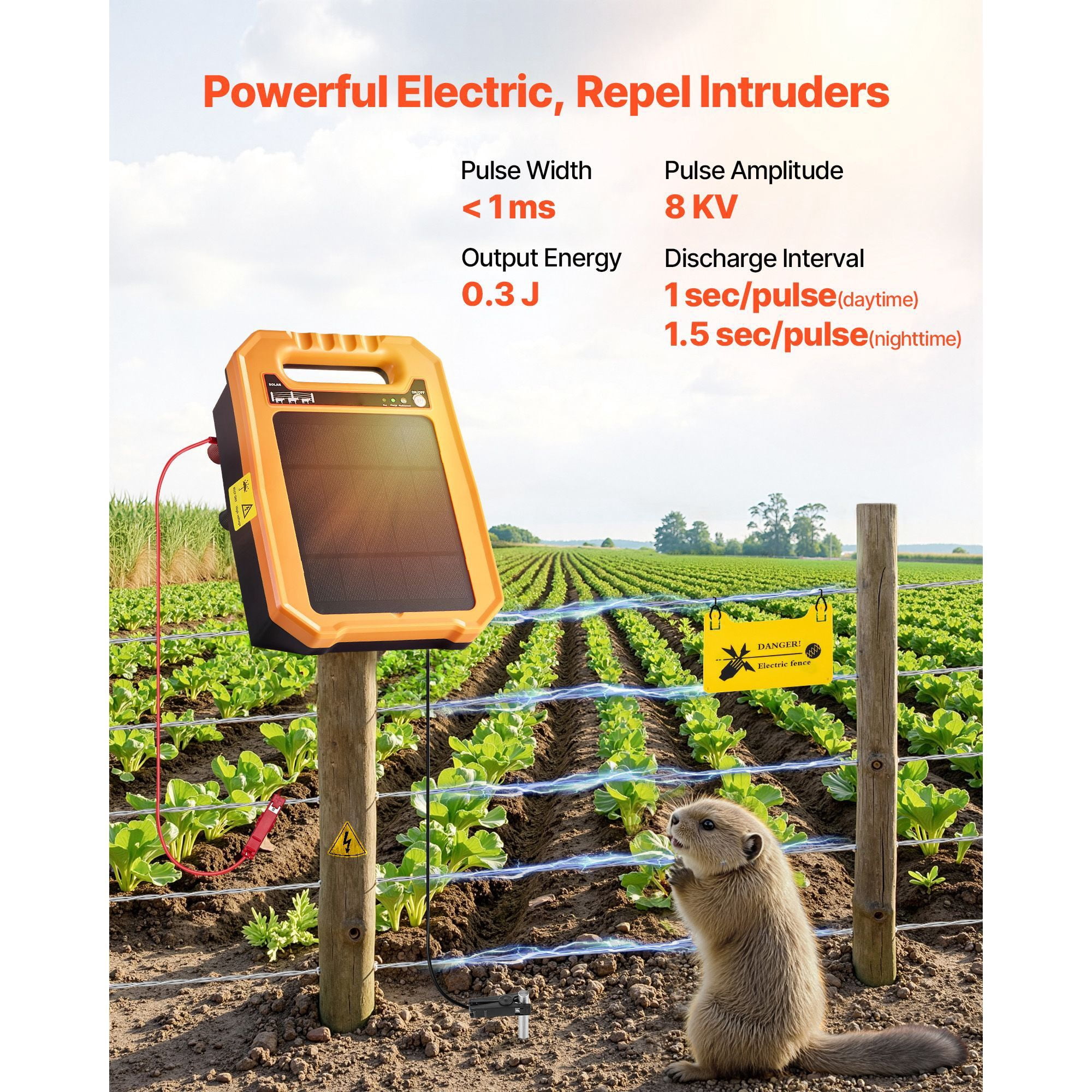 Solar Fence Charger 8kV 0.3J with 10W Solar Panel 10400mAh Battery for Livestock Wildlife Protection