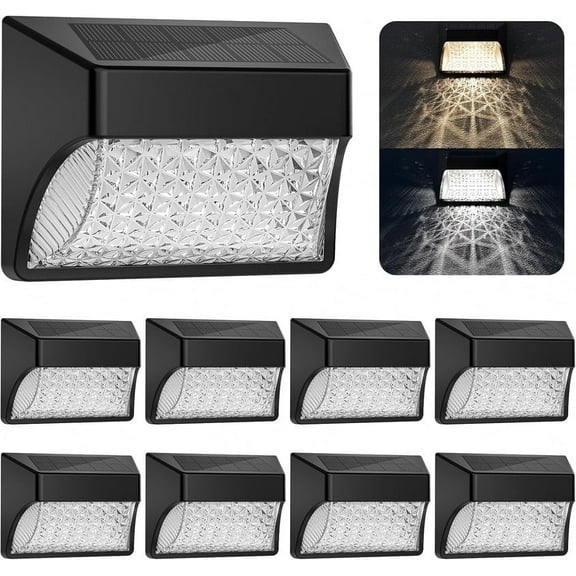 Solar Deck Lights Outdoor, 8 pack, Waterproof Dusk to Dawn, Warm/Cool White LED for Fence, Stairs, Yard, Patio - Black