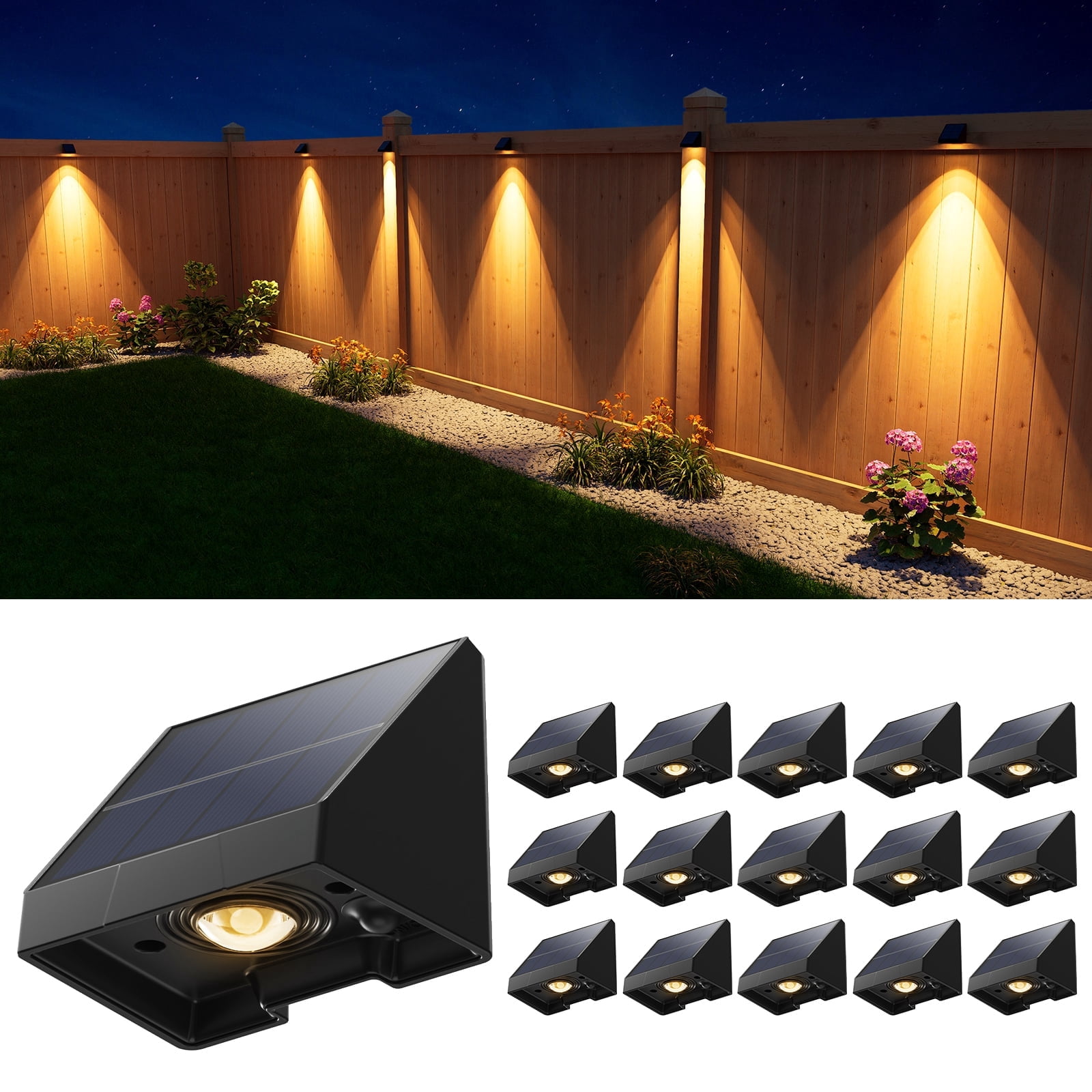 16 Pack Decorative Solar Powered Fence Lights Outdoor Waterproof with Warm White LED Spot Lens, for Outside Wall, Deck, Patio, Yard, Rail, Garage, Pool