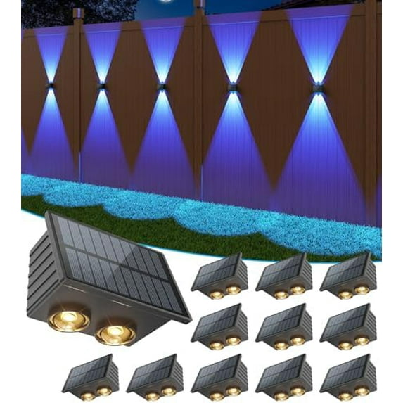 Solar Fence Lights 12 Pack, Color Glow LED Up and Down Wall Lights, IP65 Waterproof Solar Lights Outdoor for Patio, Backyard, Railing, Deck, Fence and Wall (4 Lenses)