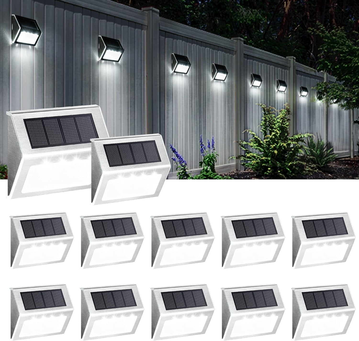 Cold White Solar Powered LED Fence Lights, 12 Pack