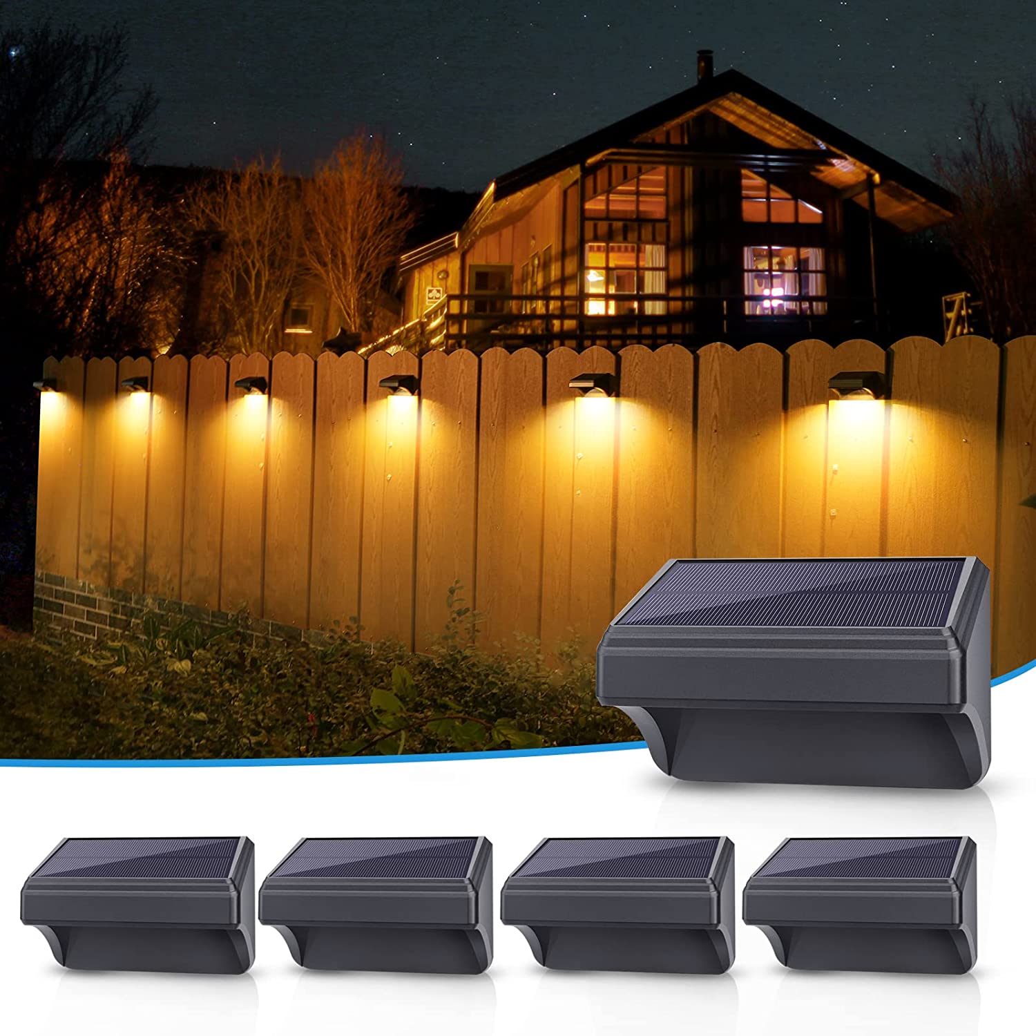 Solar Fence Lights 4 Pack, Fence Solar Lights IP65 Waterproof Outdoor