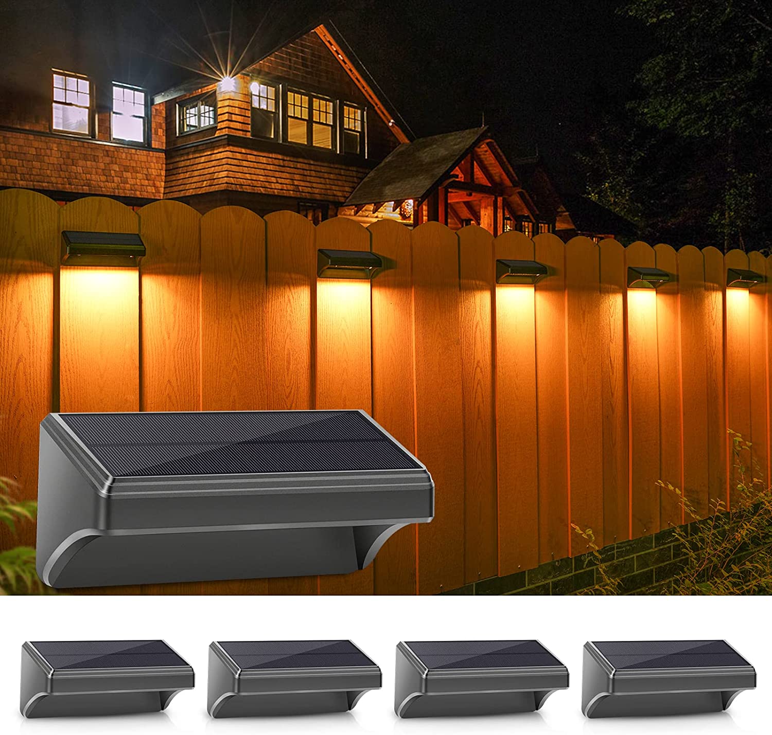 Solar Fence Lights 4 PackPlus,100 Lumen Big Outdoor Solar Light IP65