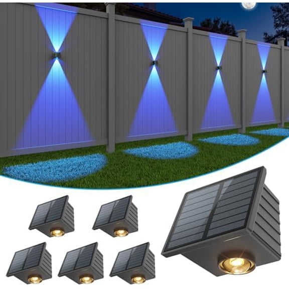 Solar Fence Lights 6 Pack, Color Glow LED Up and Down Wall Lamp, IP65 Waterproof Solar Lights Outdoor for Patio, Backyard, Railing, Deck, Fence and Wall(2 Lenses)