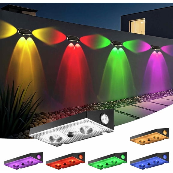 Solar Fence Lights 9 Fixed Colors 10 Modes Solar Lights Outdoor  3-Way Warm White Cool White and RGB Color for Backyard Garden Wall