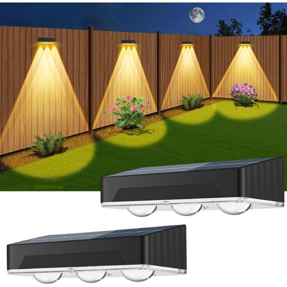 Solar Fence Lights Outdoor 2 Pack High Brightness Upgraded 3 LED Lens Solor Deck Lights Warm & Cool White RGB 10 Colors Outside Solar Wall Light for Backyard Patio Step Railing