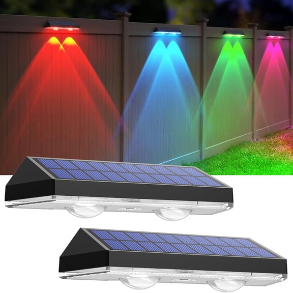 Solar Fence Lights 2 Pack, Warm White & RGB 6 Color IP65 Waterproof Outdoor LED Solar Deck Light, Dusk to Dawn for Backyard, Railing, Patio, Fence