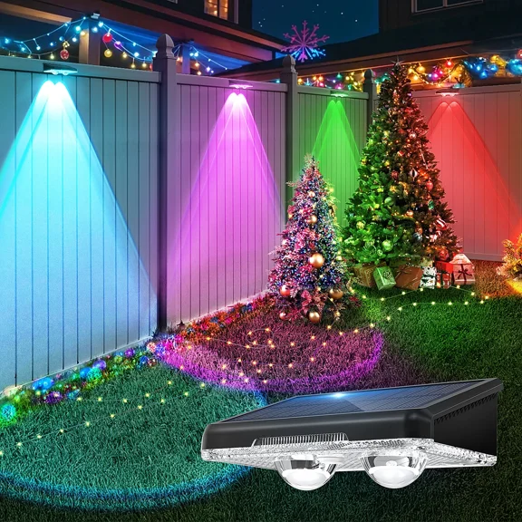 Solar Fence Lights Outdoor, 8 Fixed Colors ＆ RGB Fence Lights Solar Powered, IP65 Waterproof LED Deck Lighting for Patio, Railing, Porch, Backyard, Wall Decor, 1 Pack