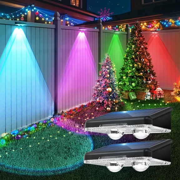 Solar Fence Lights Outdoor, 8 Fixed Colors & RGB Fence Lights Solar Powered, IP65 Waterproof LED Deck Lighting for Patio, Railing, Porch, Backyard, Wall Decor, 2 Pack