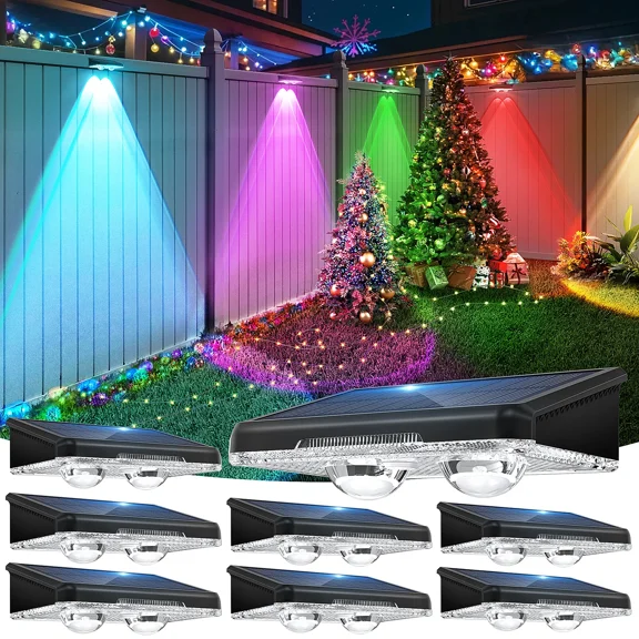 Solar Fence Lights Outdoor, 8 Fixed Colors ＆ RGB Fence Lights Solar Powered, IP65 Waterproof LED Deck Lighting for Patio, Railing, Porch, Backyard, Wall Decor, 8 Pack
