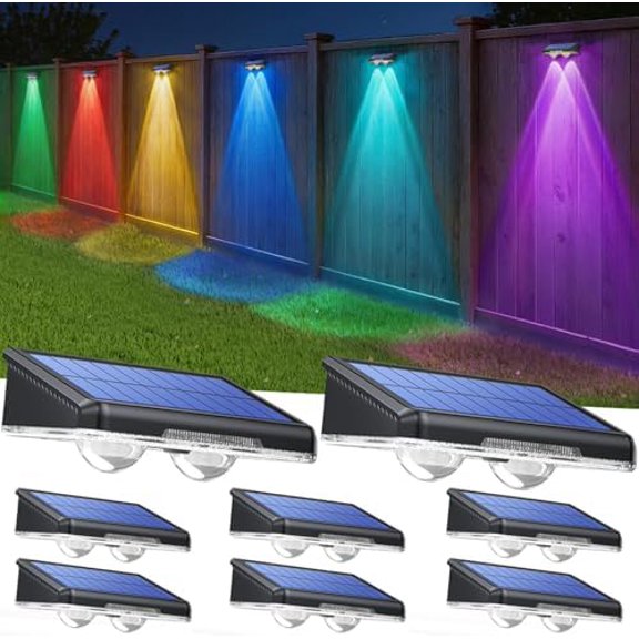 Solar Fence Lights Outdoor 8 Pack, Warm White & 6 Colors & RGB, IP66 Waterproof LED Deck Light, Dusk to Dawn Fence Lights Solar for Wall, Railing, Step, Patio, Pool, Backyard, Outside