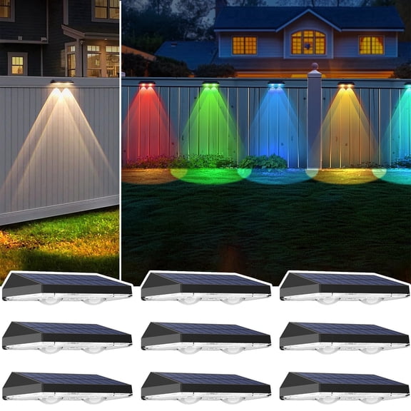 Solar Fence Lights 9 Pack, Warm White & RGB 6 Color IP65 Waterproof Outdoor LED Solar Deck Light, Dusk to Dawn for Backyard, Railing, Patio, Fence