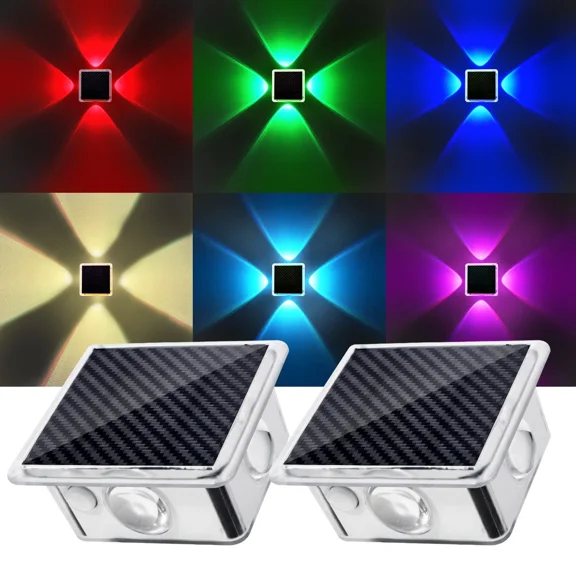 Solar Fence Lights Outdoor, IP65 Waterproof 4-Sided Glow Solar Wall Lights, RGB Color Changing & Warm White Solar Garden Light for Patio Pool Step Porch Yard-2 Pack
