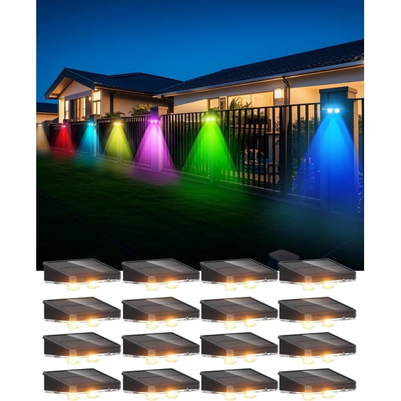 Solar Fence Lights, Outdoor IP65 Waterproof LED, RGB Fence Lights Solar Powered 7 Colors, for Wall, Patio, Deck, Backyard, Garden, Pool, Railing (4 Pack)