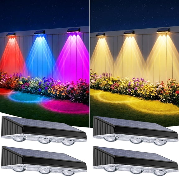 Solar Fence Lights Outdoor , Upgraded Brightness 3X LED Lens Fence Lights Solar Powered, 9 Fixed Colors & RGB Lights,IP65 Waterproof Solar Lights for Outside Backyard/Railing/Step/Patio