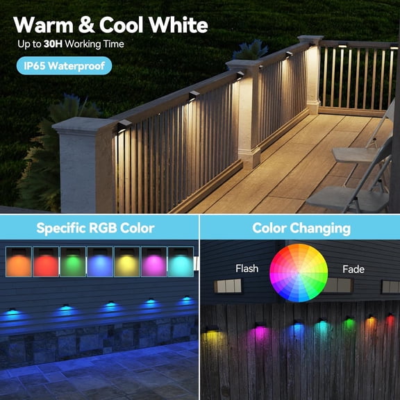 Solar Fence Lights, Outdoor Waterproof Warm White & Color Glowt, LED, for Backyard, , Deck Railing, Stair Handrail, Pool and Wall (8 Packs)