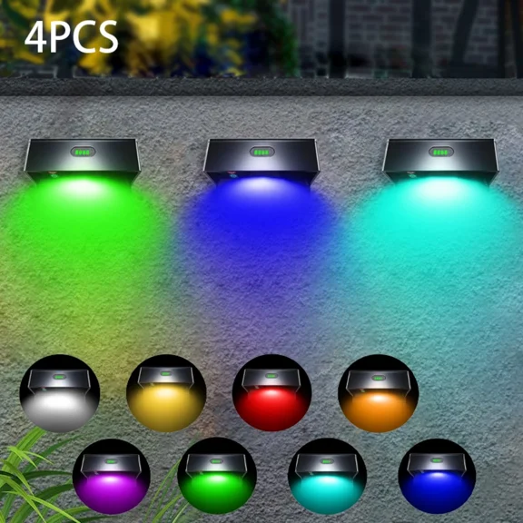 Solar Fence Lights, Solar Lights Outdoor Waterproof, 8 Color Modes, Dusk to Dawn Deck Light, Outdoor Lighting for Backyard, Railing, Wall, Step, Patio, 4 Pack