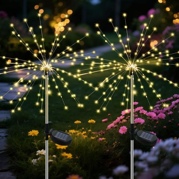 GLUAAE Solar Firework Light,120 LED Multi Color Outdoor Firework Solar Garden Decorative Lights for Walkway Pathway Backyard Christmas Decoration Parties (2 Pieces)Warm White