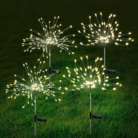 Solar Firework Lights Outside Fireworks Solar Lights Outdoor Waterproof, 4 Pack 120 LED Firecracker String Light Twinkling Nightlights for Garden, Wedding, Party, Patio Decor (Warm White)