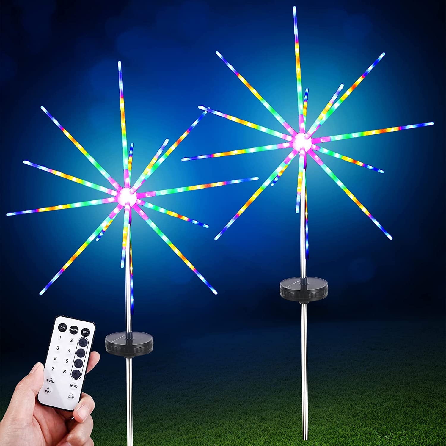 Solar Firework Meteor Lights 2 Pack 8 Modes 112 LED Starburst Fairy String Lights with Remote Timer Waterproof Christmas Lights for Garden Park Yard Pathway Lawn Cemetery Decor (Multicolored)