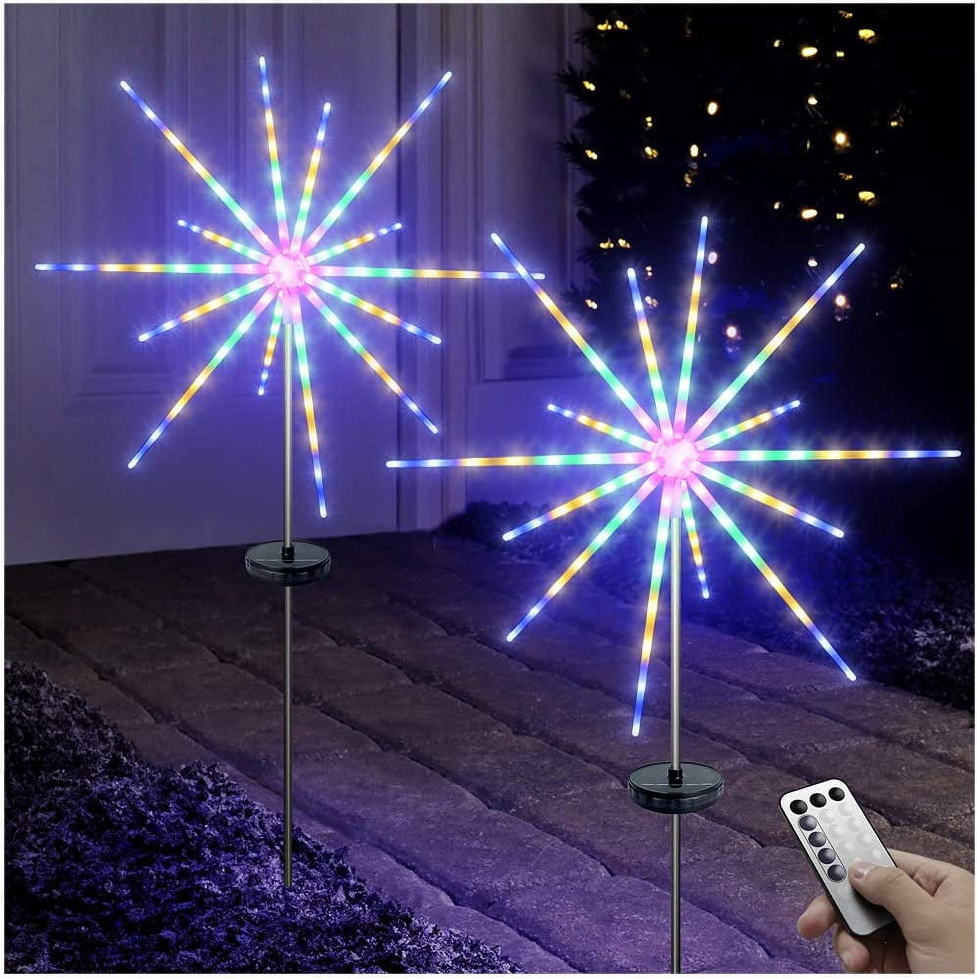 Solar Firework Meteor Lights 2 Pack 8 Modes 112 LED Starburst Fairy String Lights with Remote Timer Waterproof Christmas Lights for Garden Park Yard Pathway Lawn Cemetery Decor (Multicolored)