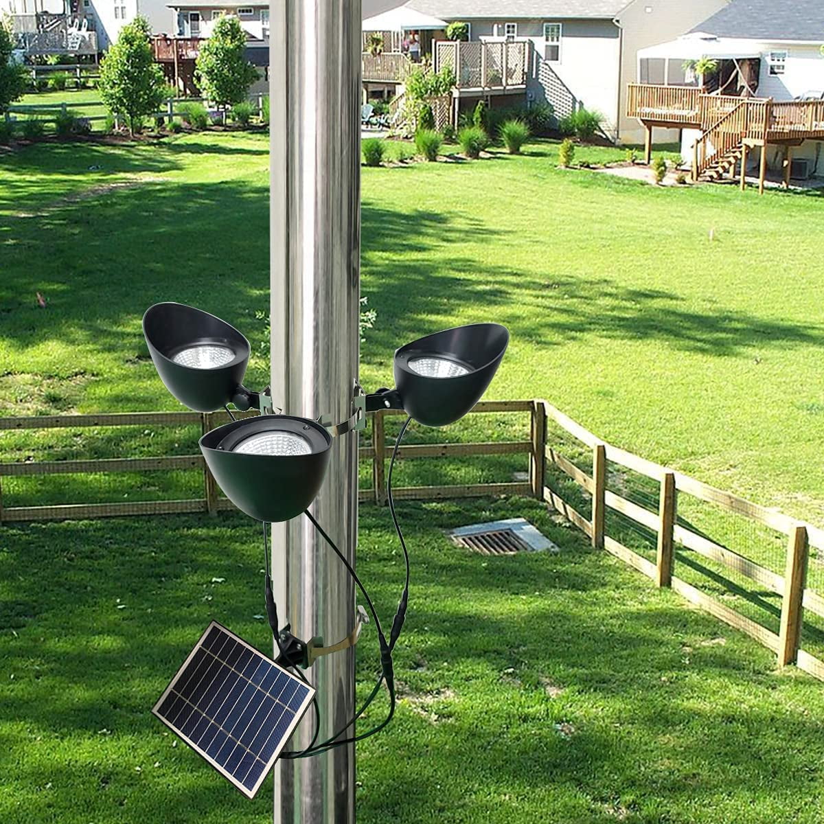 Solar Flag Pole Light, 3 SuperSpotlights LEDs, Adjustable Metal Clamps