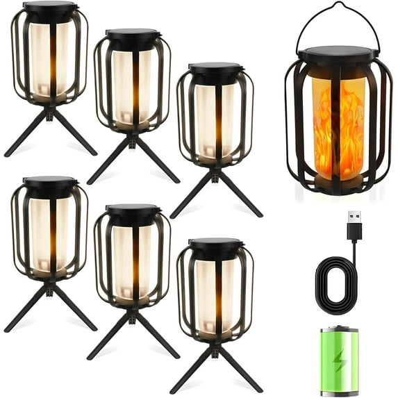 Solar Flame Camping Lantern, Solar Lantern Outdoor Lights with Base, Flickering Flame Lights with Automatic Light Sensor, USB-C Charging, IPX4 Waterproof for Camping, Backyard, And Garden Decor (6PC)