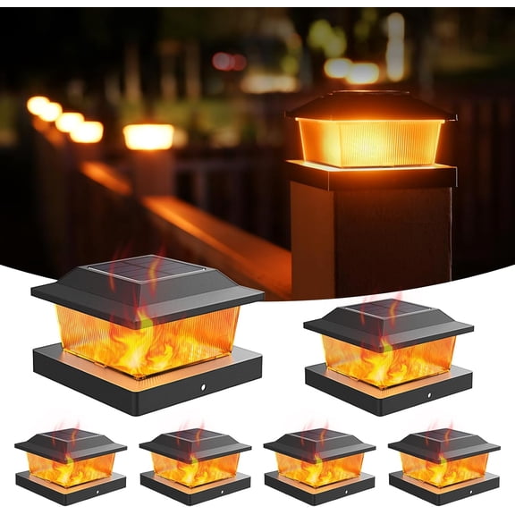 Solar Flame  Cap Lights Outdoor , 4x4  Solar Lights with Flickering Flame , Fence Posts Solars Light for Deck Patio Garden, 4x4 Posts Caps  , 6  (Black)