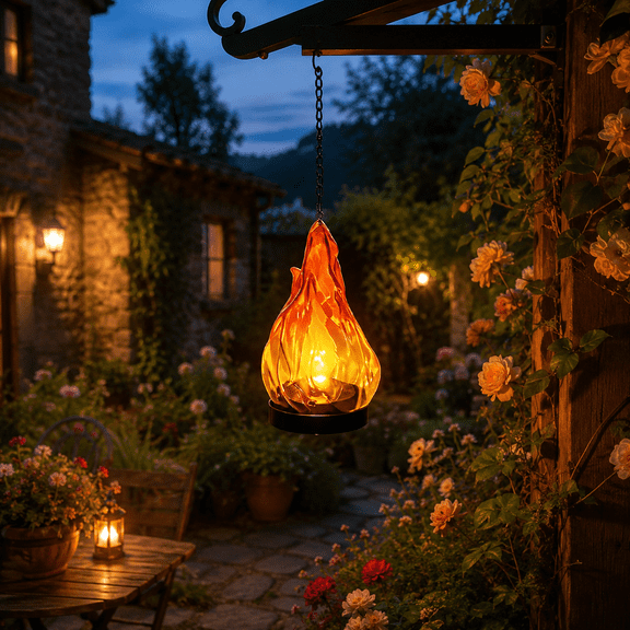 Solar Flame Lamp Hanging Solar Lanterns Lights Outdoor with Flickering Flameless Candle Fire Glow Solar Powered for Outdoor Garden Terrace Porch Lawn Decor