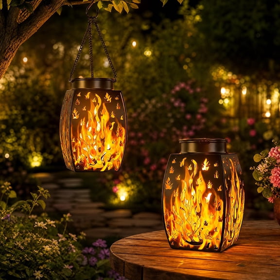 Solar Flame Lantern Outdoor Waterproof - 2 Pack Hanging Solar Lights with Flickering Flame Effect, IP65 Weather Resistant LED Lanterns for Garden Patio Porch Balcony Decor