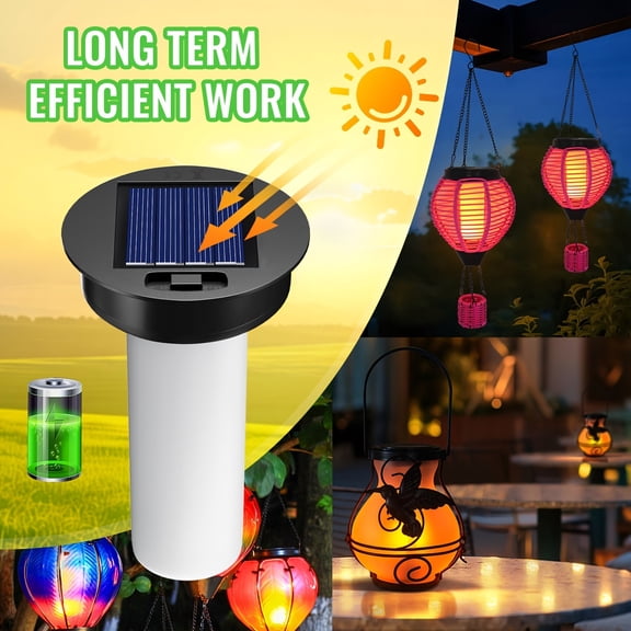 Solar Flame Light Replacement, Built-in Battery Module with Black Base and White Column, 5 Inch Insert for Garden Lantern, Warm Orange LED Glow