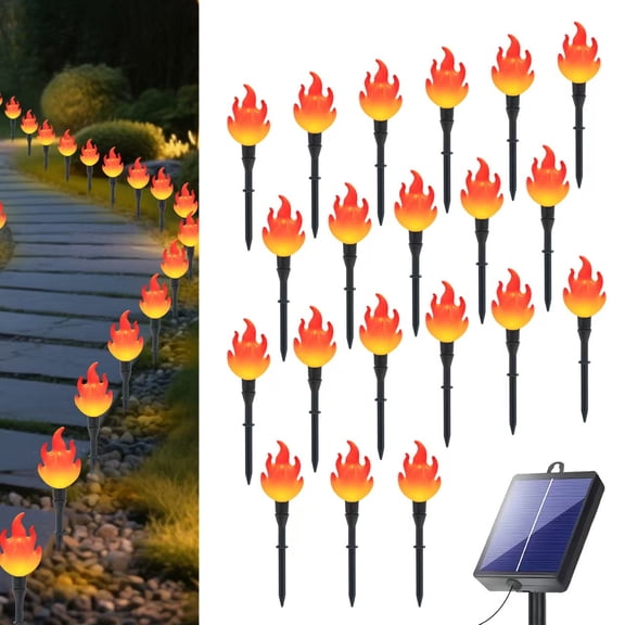 Solar Flame Lights Outdoor String Lights, Waterproof Solar-Powered Garden Pathway Decor with 8 Modes, 11M 20-LED Flickering Torch Lights for Patio Yard Halloween Christmas