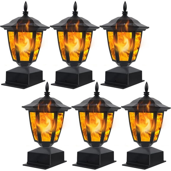 Solar Flame Post Lights Outdoor, Solar Powered Lamps Fence Post Cap Lights, Flickering Flame LED Lantern Decorative Waterproof for Garden Deck Patio, Fit 4x4, 5x5 or 6x6 Wooden Posts, 6 Pack