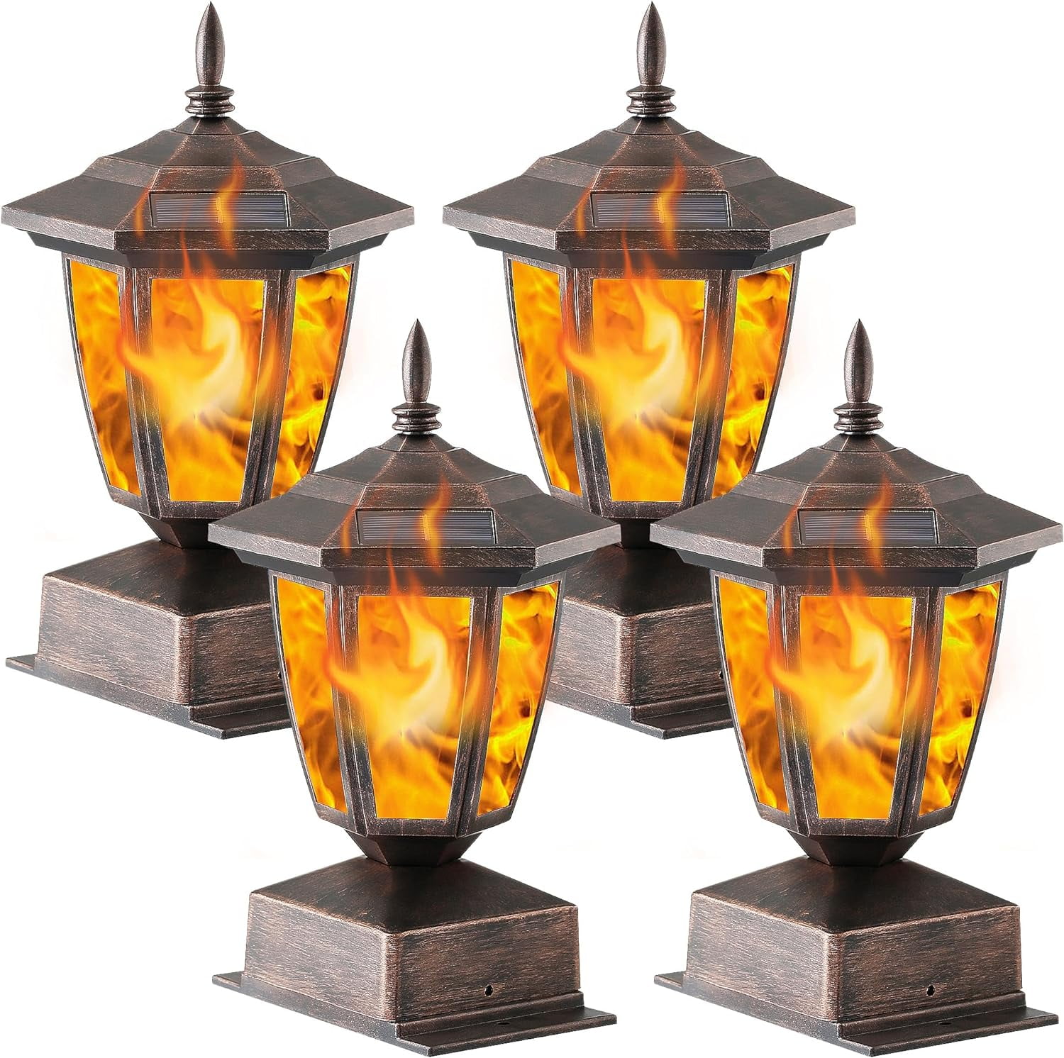 Solar Flame Post Lights Outdoor, Solar Powered Lamps Fence Post Cap Lights, Flickering Flame LED Lantern Decorative Waterproof for Garden Deck Patio,