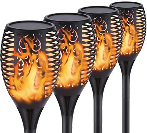 Solar Flame Torch Lights Outdoor Christmas Decorations Waterproof Tiki Torches Pathway Decorative Light Dancing Flickering Flames 4Pack Garden Landscape Lighting For Yard Path Patio Walkway Driveway