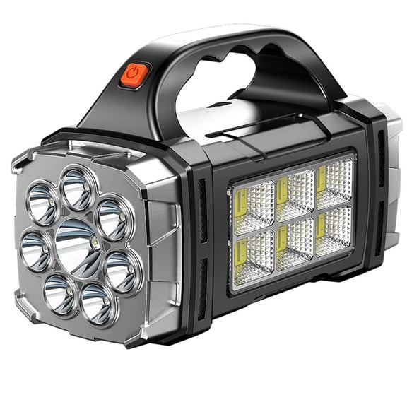 Solar Flashlight, TOUMENY Rechargeable Portable LED Flashlight with Red Blue Flashing Side Light, 2400mAh Battery Powered Emergency Searchlight for Outdoor Camping Hiking, Silver